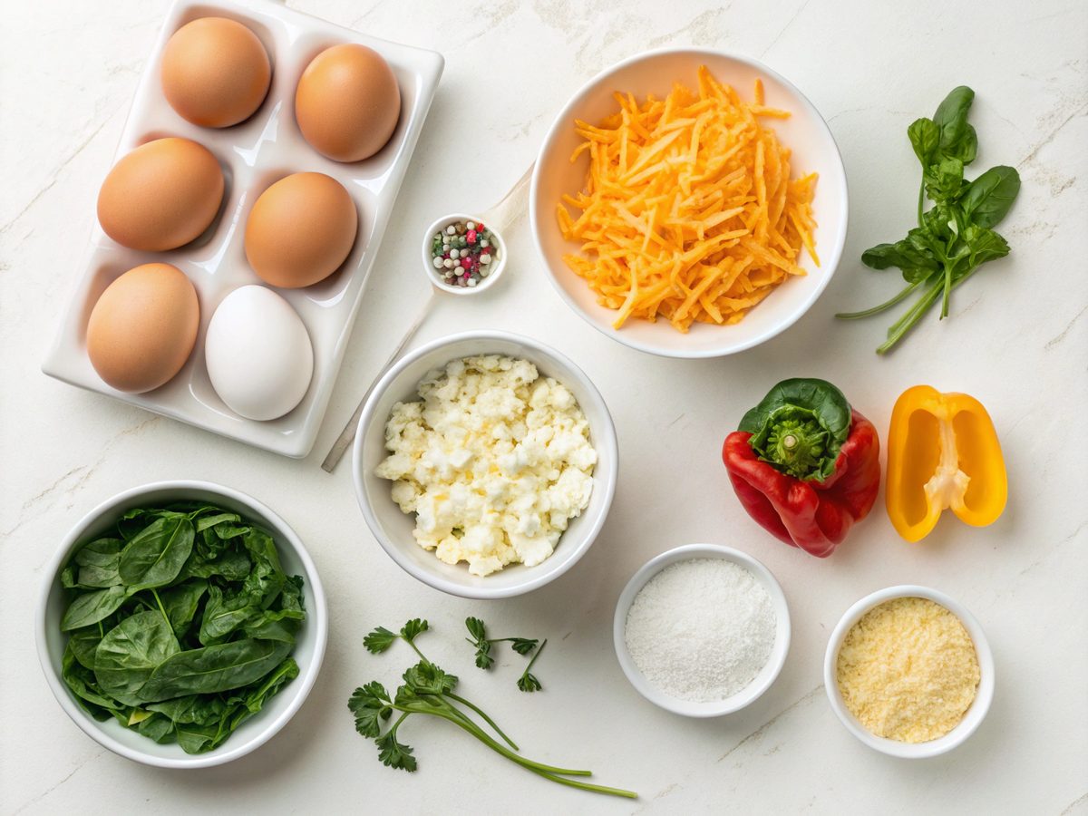 Ingredients for Cottage Cheese Egg Bites laid out on a kitchen counter