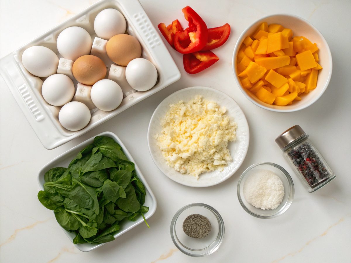 Ingredients for making cottage cheese egg bites, including eggs, cottage cheese, and vegetables.