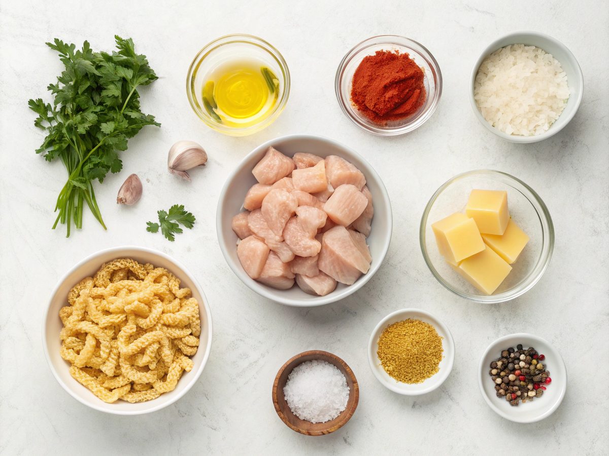Top-down view of cowboy butter chicken pasta ingredients arranged on a kitchen counter.