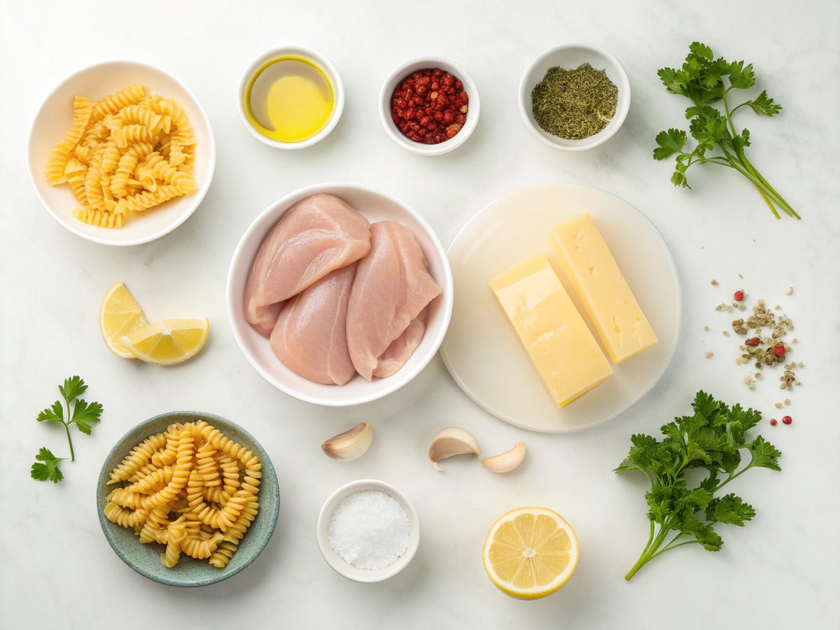 An SEO-friendly alt tag describing the cowboy butter chicken pasta ingredients