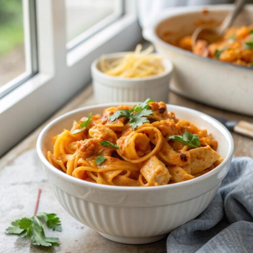 SEO-friendly alt text describing the featured image of cowboy butter chicken pasta