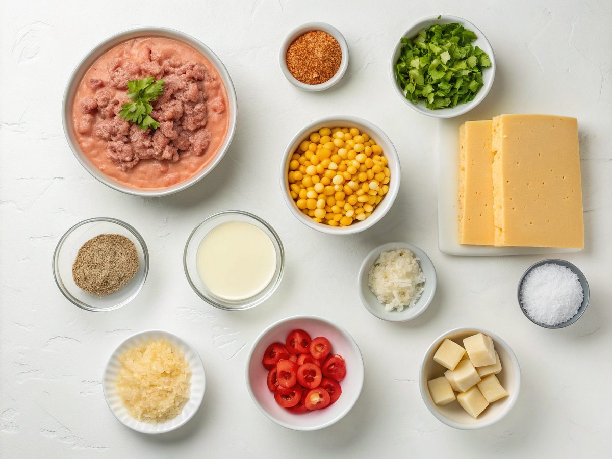 Visual representation of Cowboy Casserole recipe ingredients laid out for easy cooking.