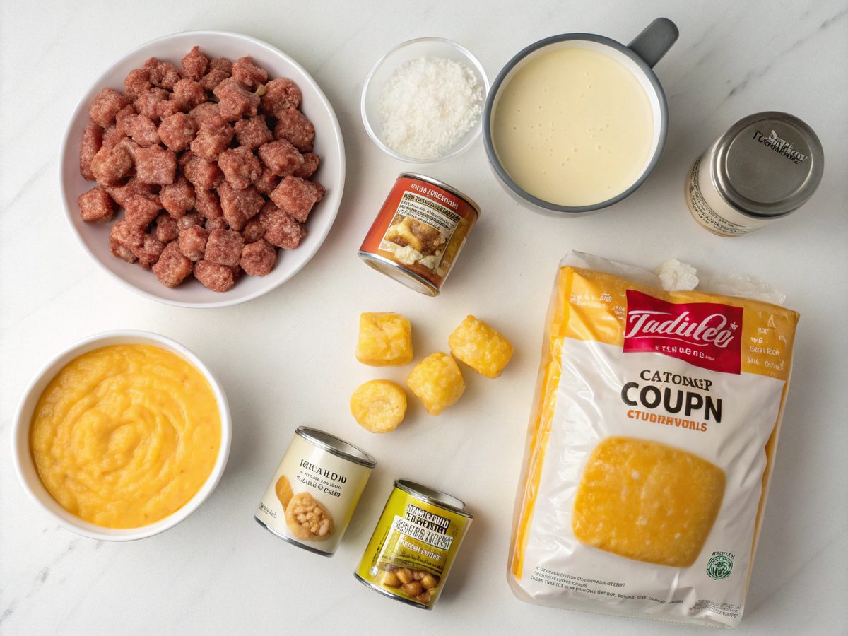 Top-down view of ingredients for making Cowboy Tater Tot Casserole on a kitchen counter.