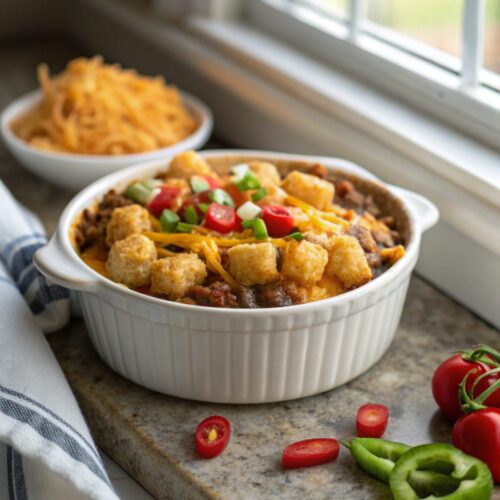 Hero image of Cowboy Tater Tot Casserole, depicting the finished dish in its golden, bubbly glory.
