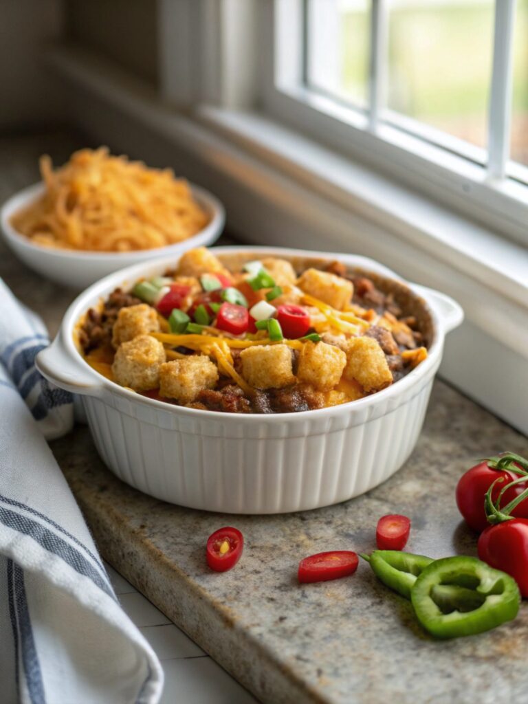 Hero image of Cowboy Tater Tot Casserole, depicting the finished dish in its golden, bubbly glory.