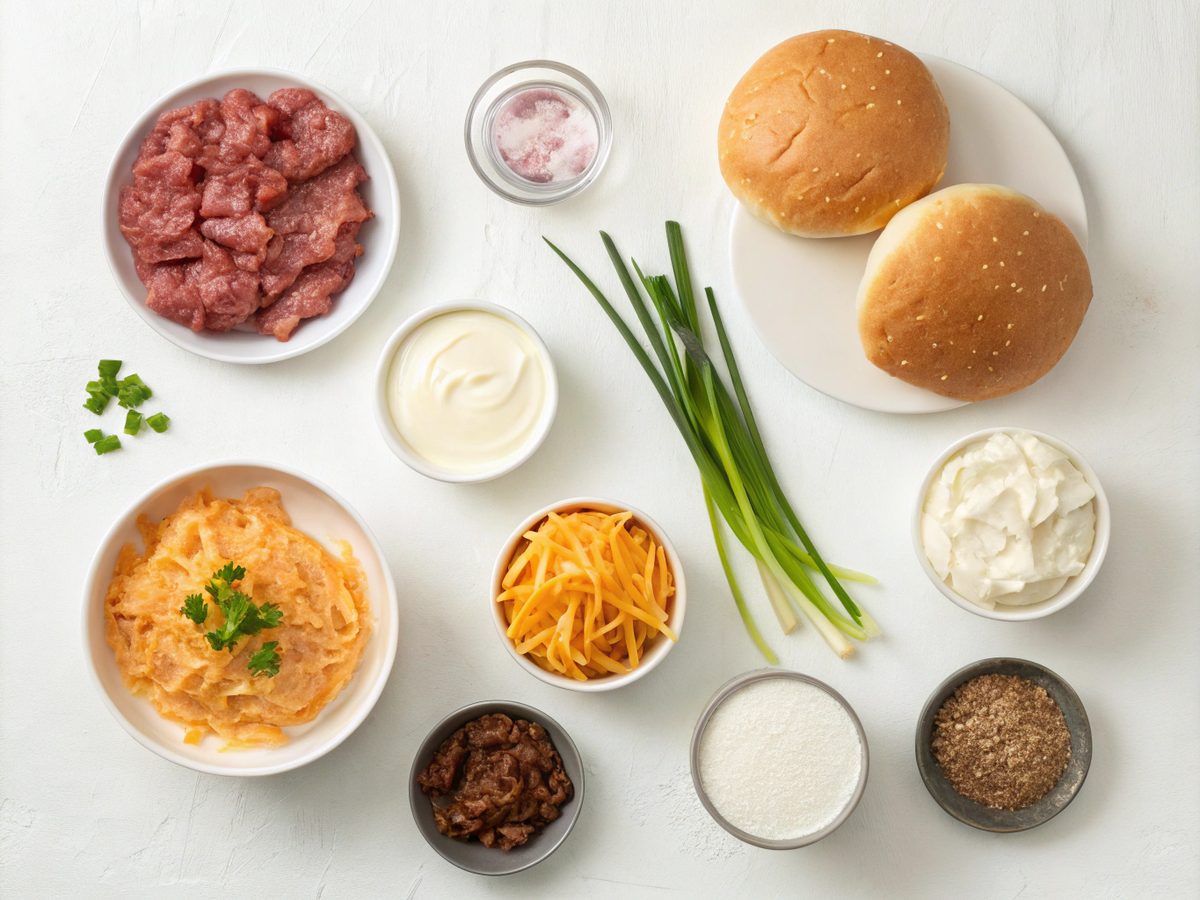 Visual representation of crack burgers recipe ingredients on a counter.