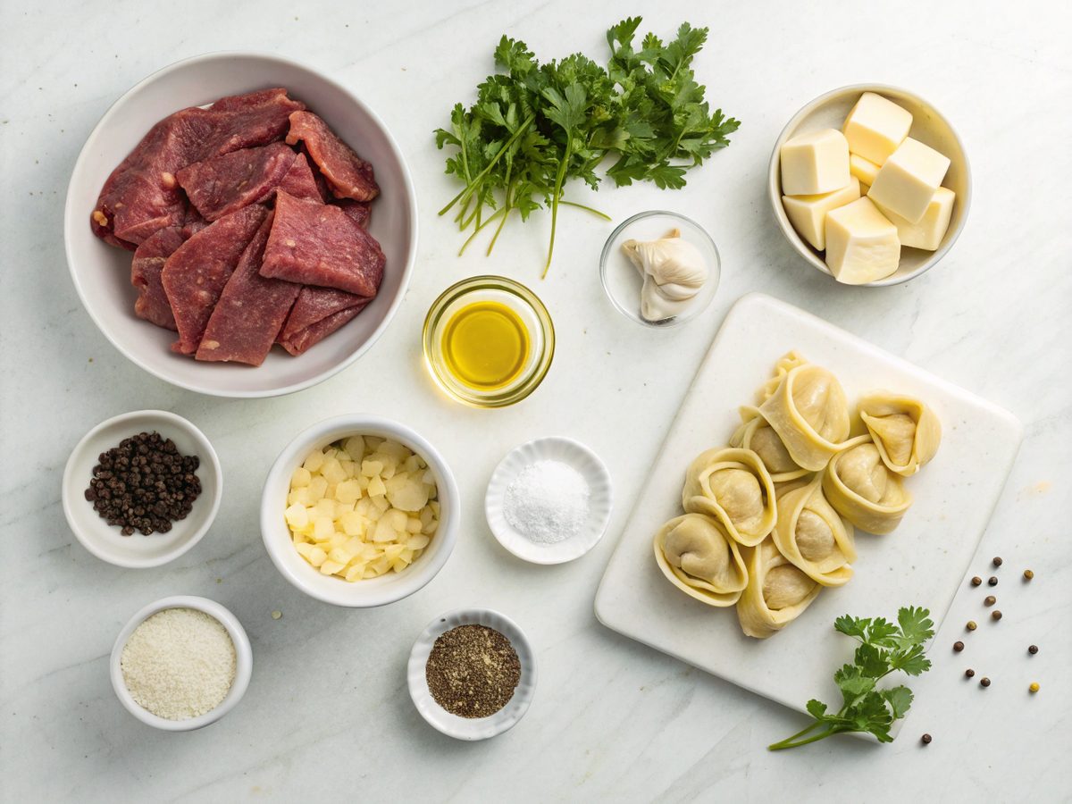 Flat lay of ingredients for Cracked Steak Tortellini recipe.