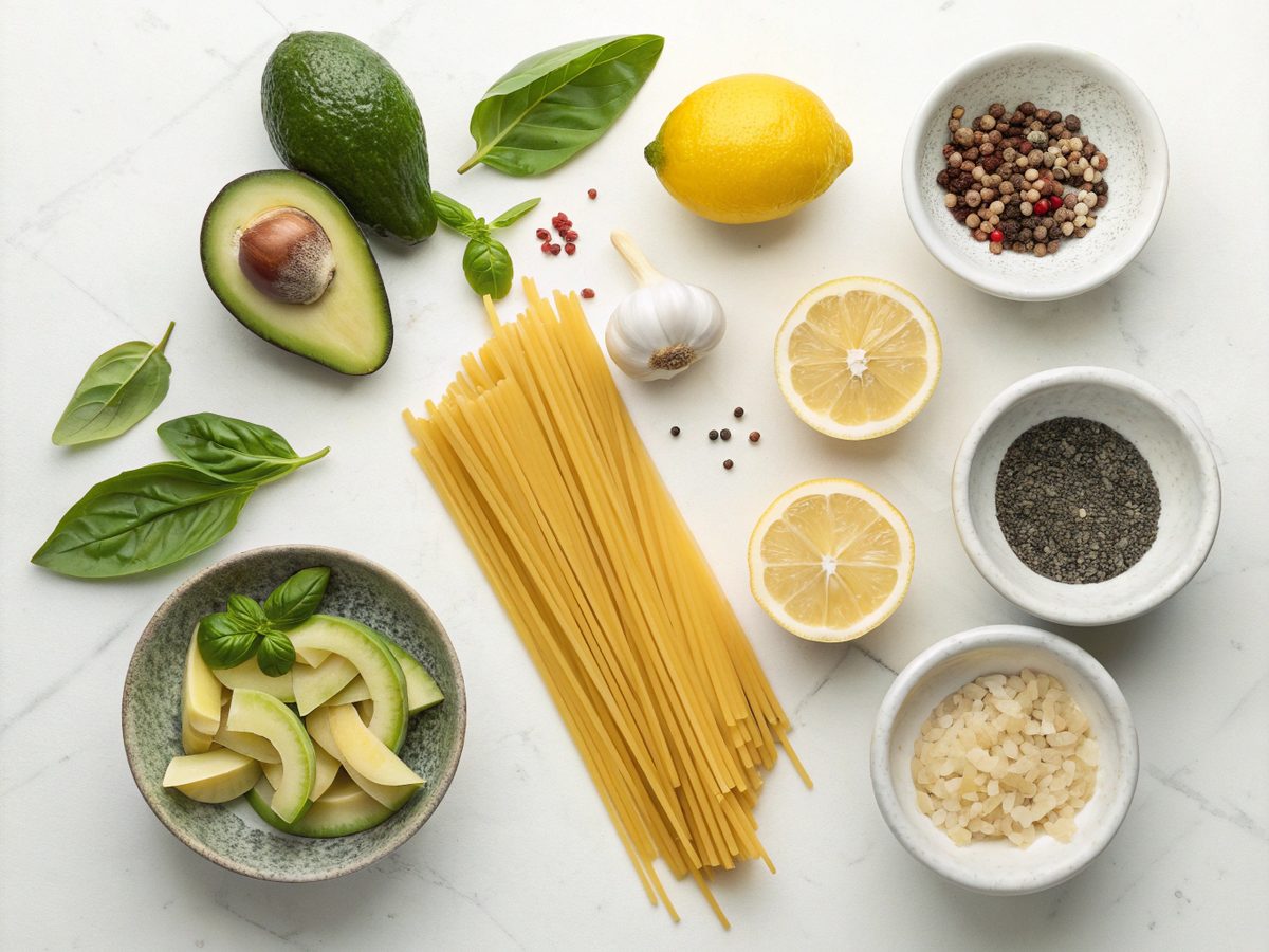 Flat lay of ingredients for creamy avocado pasta, including avocados, pasta, garlic, lemon, olive oil, and basil