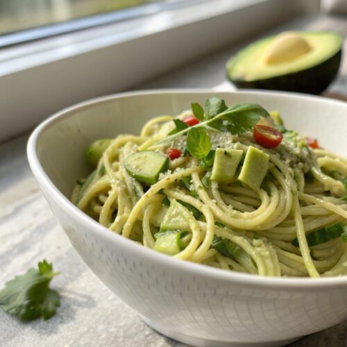 Close-up shot of creamy avocado pasta served in a white bowl with basil garnish.
