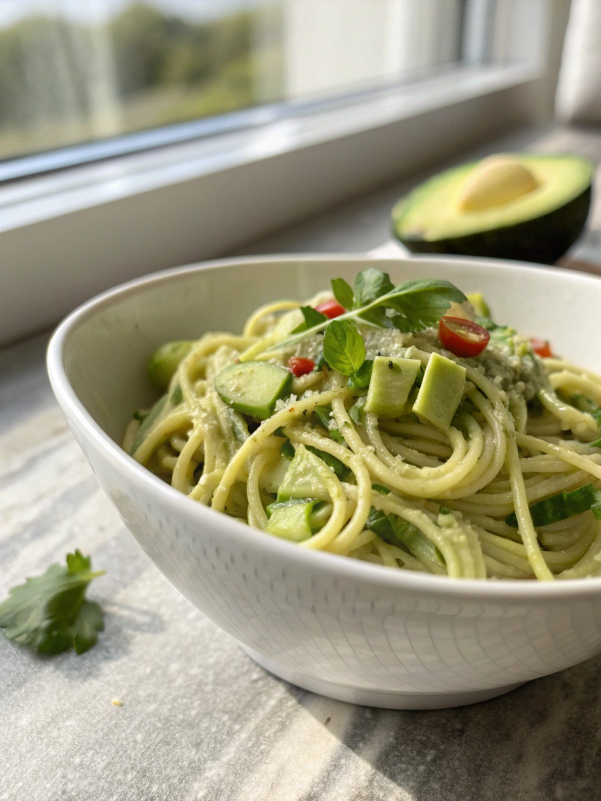 Close-up shot of creamy avocado pasta served in a white bowl with basil garnish.