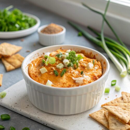 Tangy and creamy baked buffalo chicken dip ready to serve