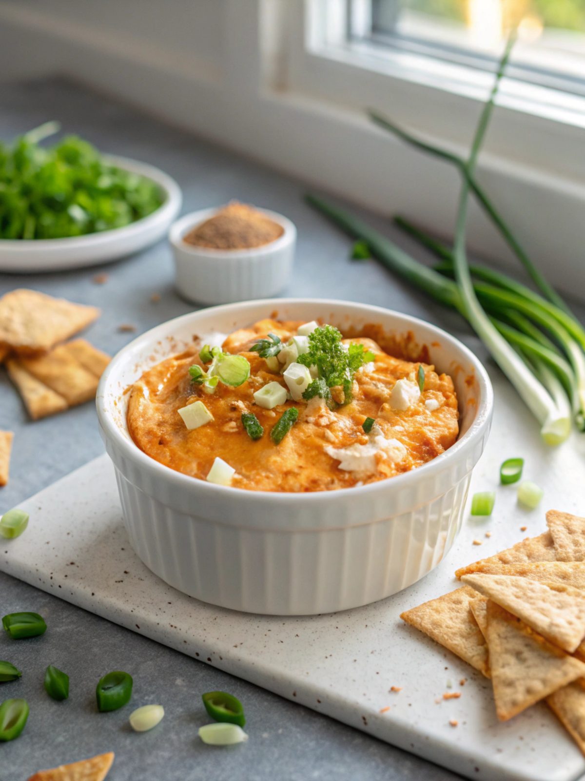 Tangy and creamy baked buffalo chicken dip ready to serve