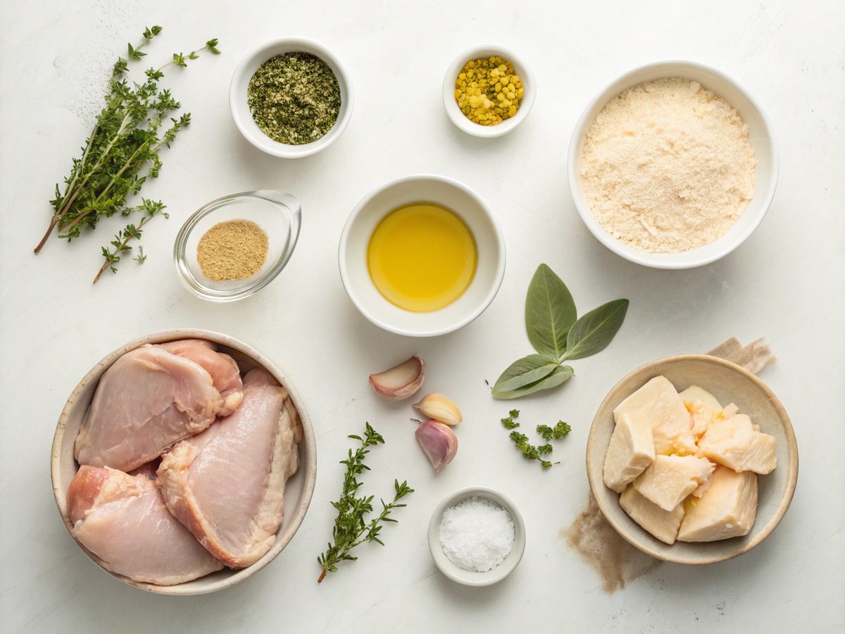 Flat lay of ingredients for creamy baked chicken thighs recipe including chicken thighs, cream, garlic, and herbs