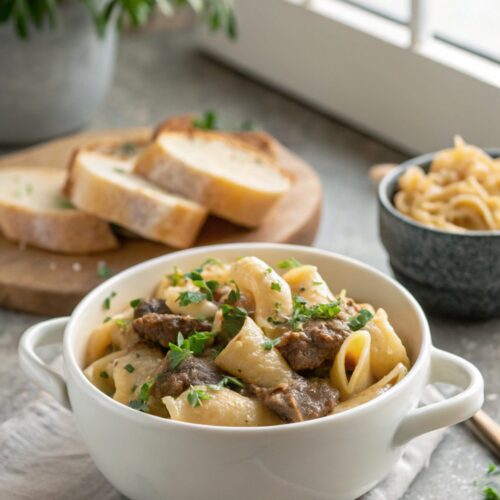A delightful plate of creamy beef and shells recipe