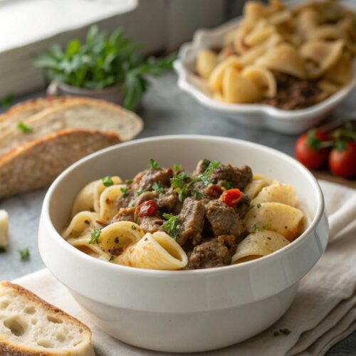 Featured image showing the creamy beef and shells recipe.