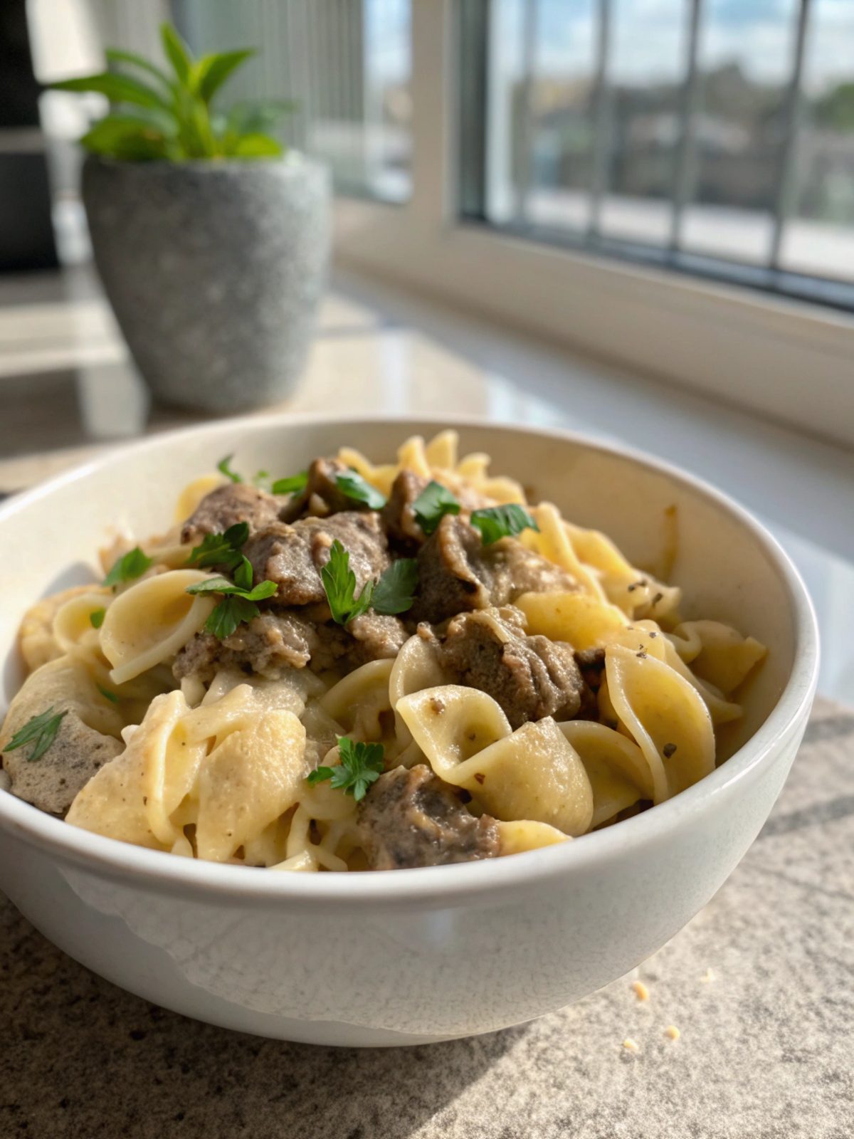 Delicious and creamy beef and shells served in a bowl.