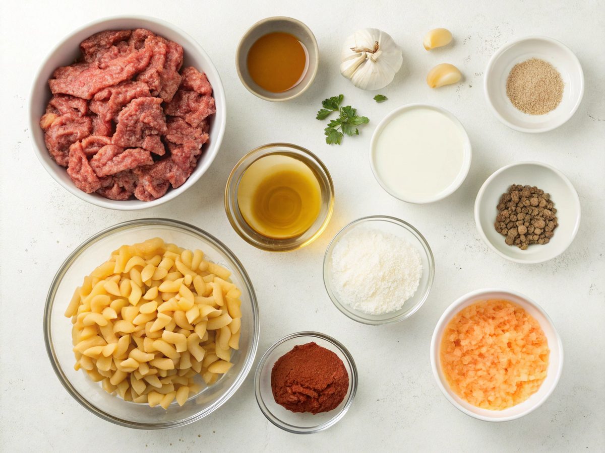 Ingredients for making creamy beef and shells recipe.