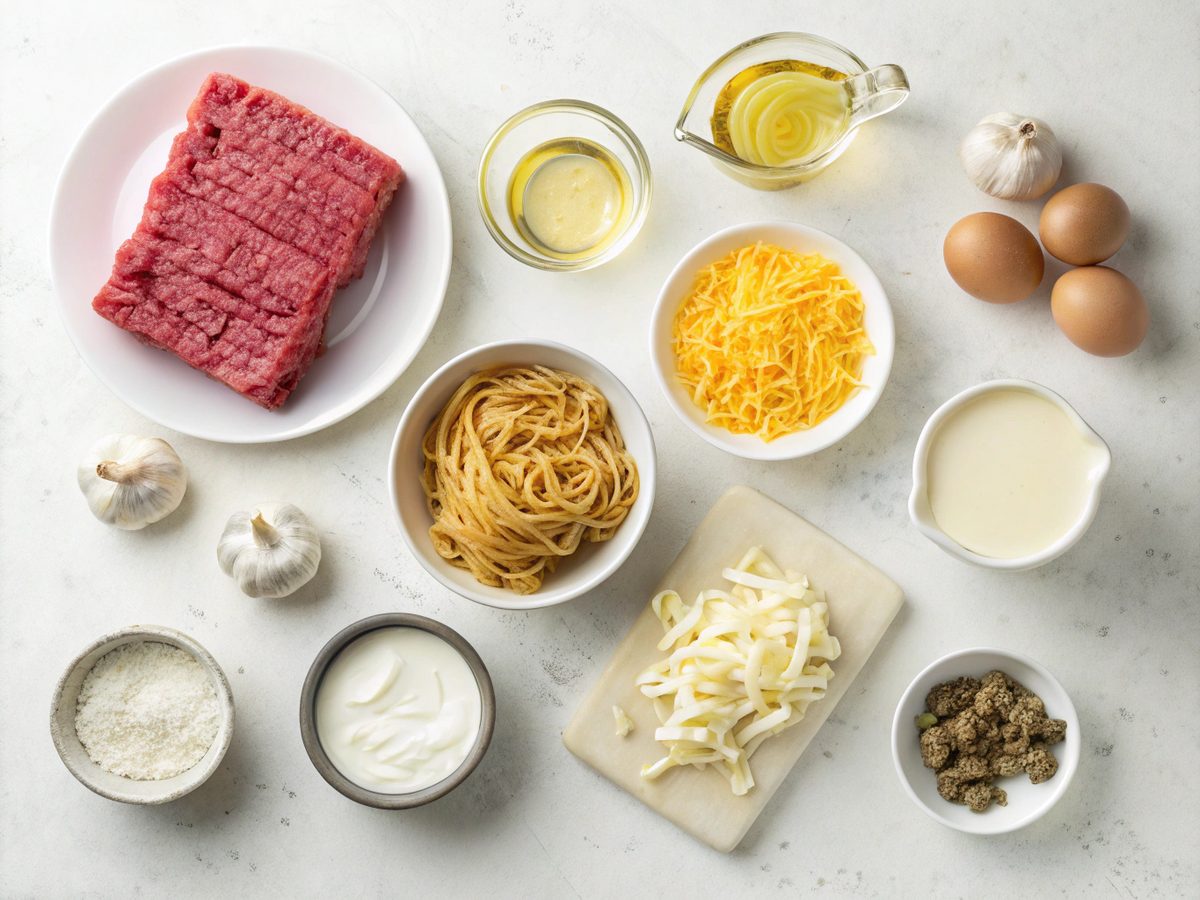 Ingredients for creamy beef noodle casserole arranged on a countertop