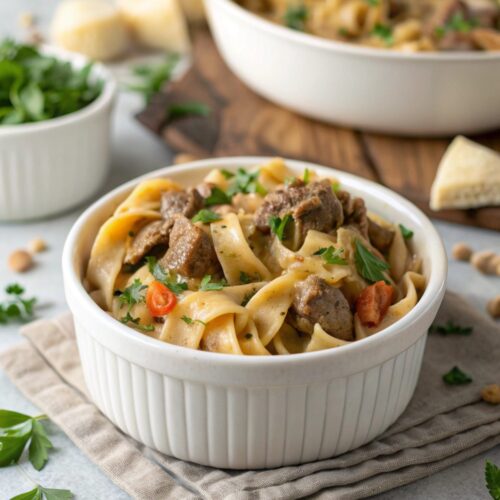Creamy beef noodle casserole served in a stylish bowl