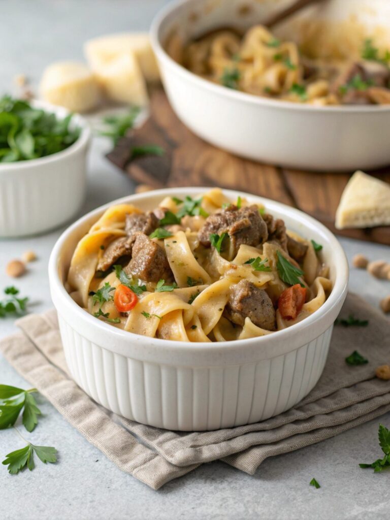 Creamy beef noodle casserole served in a stylish bowl
