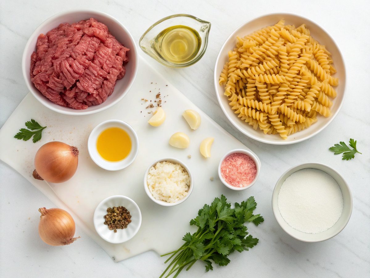 Ingredients laid out for making creamy beef pasta