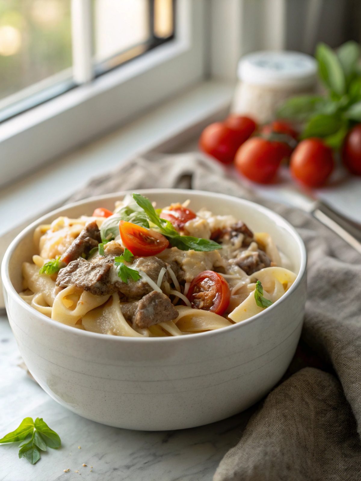 Finished creamy beef pasta served in a bowl with garnish