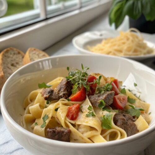Creamy Beef Pasta served in a bowl, showcasing its rich texture.
