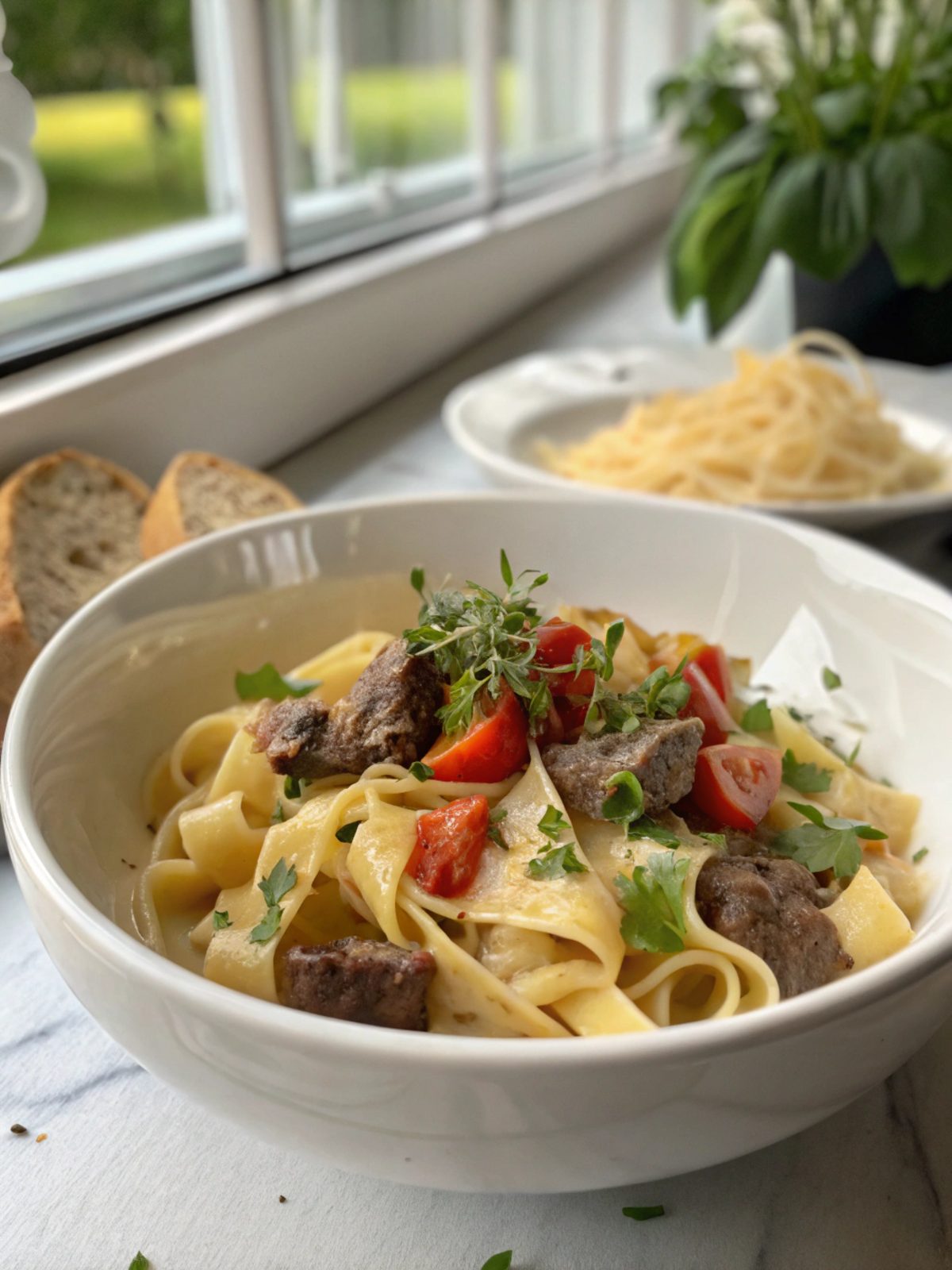 Creamy Beef Pasta served in a bowl, showcasing its rich texture.