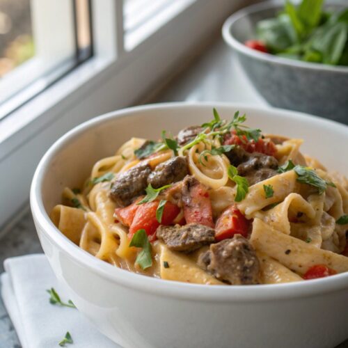 Sensational creamy beef pasta served with fresh garnish