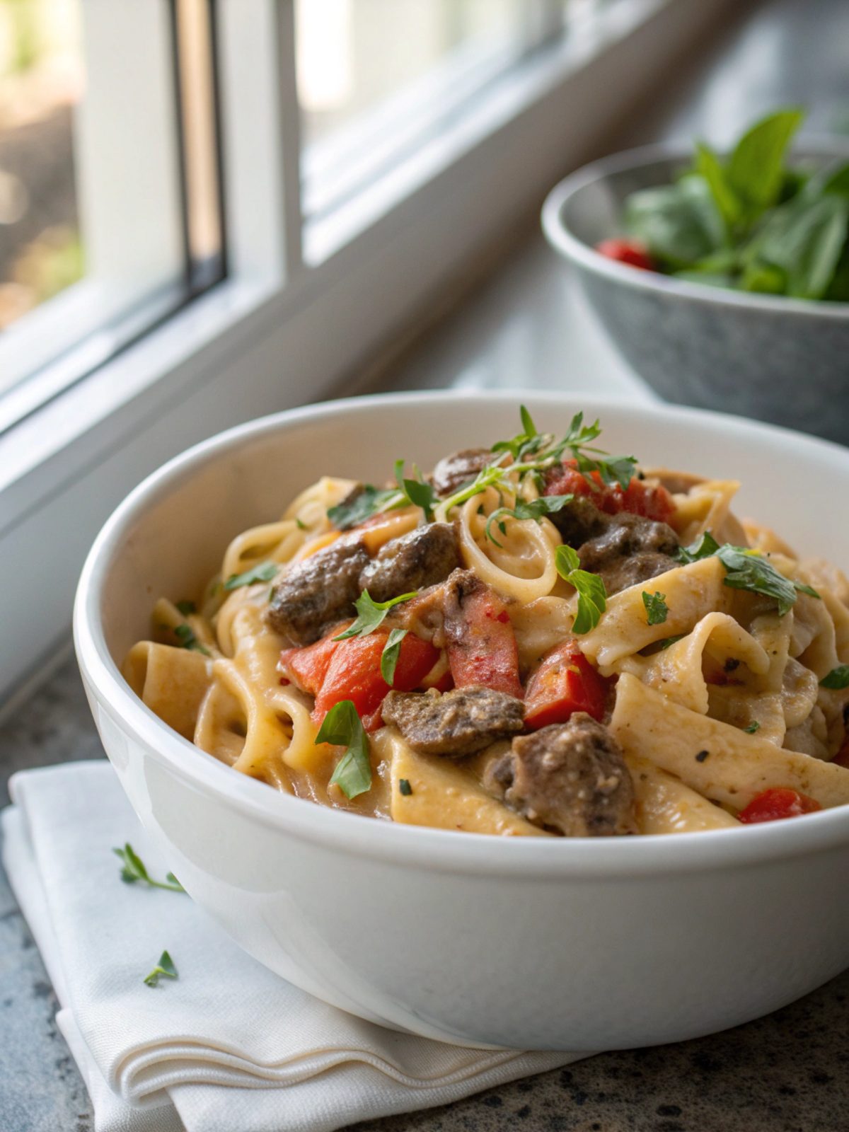 Sensational creamy beef pasta served with fresh garnish