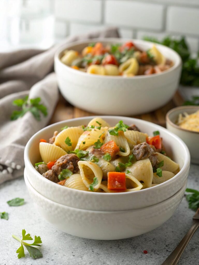 SEO-friendly alt text describing the featured image of creamy beef shells pasta