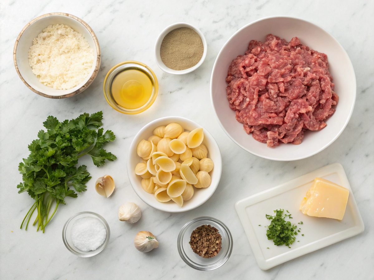 Flat lay image of creamy beef shells pasta ingredients