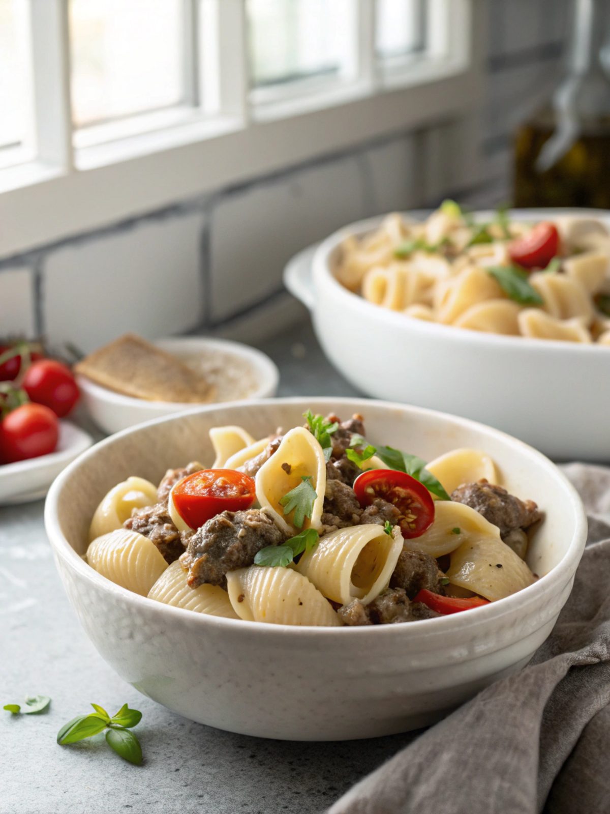 Creamy beef shells pasta served in a white bowl, garnished with fresh parsley