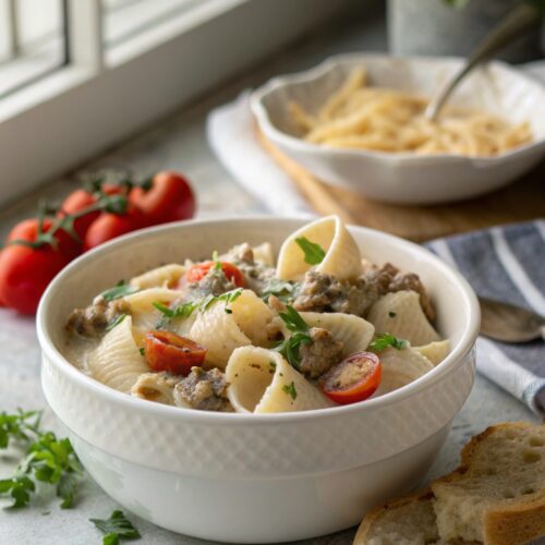 Close-up of creamy beef shells recipe served in a bowl with garnish