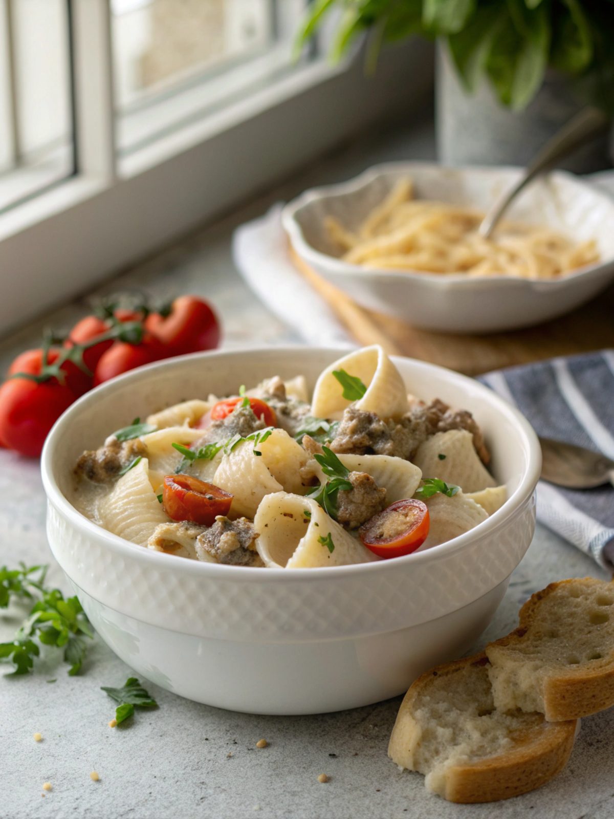 Close-up of creamy beef shells recipe served in a bowl with garnish