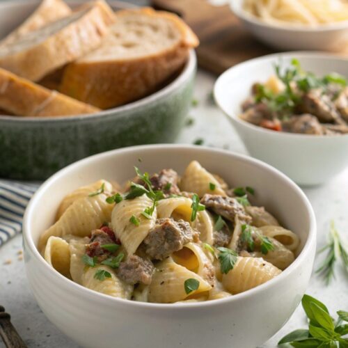 A visually appealing dish of creamy beef shells, cooked to perfection.