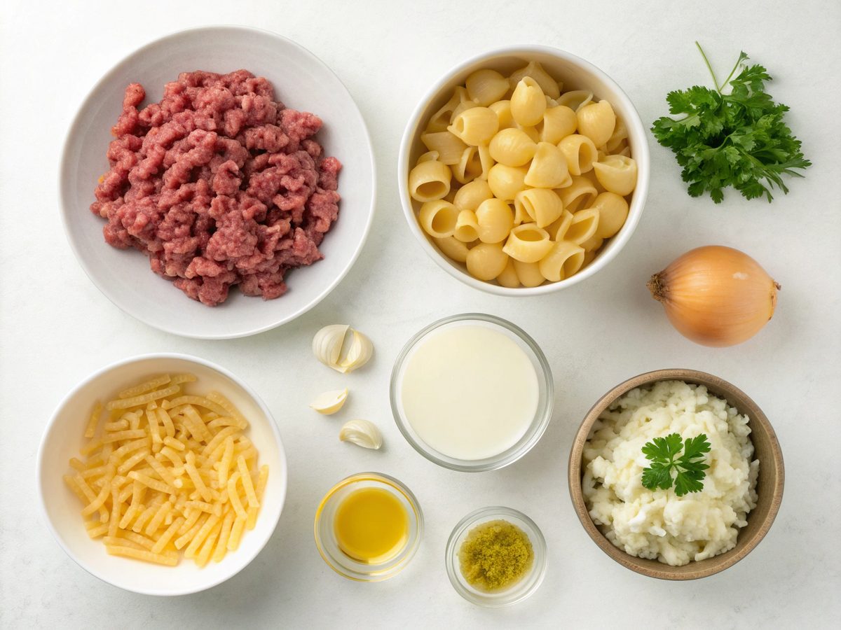 Colorful layout of creamy beef shells recipe ingredients