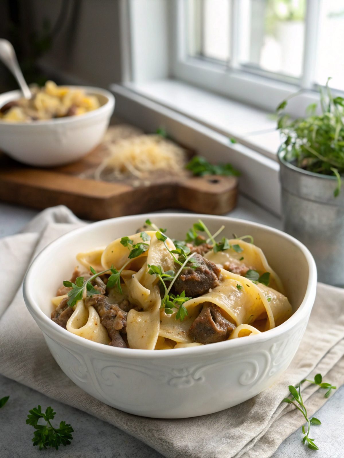 A delicious serving of creamy beef shells showcasing its rich and creamy appearance.