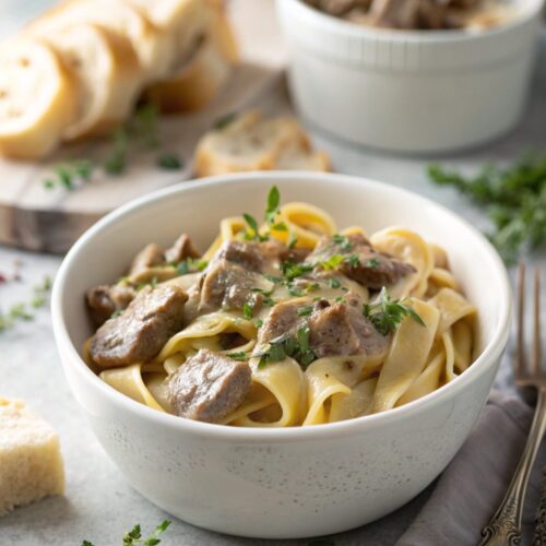Featured image showing a delicious creamy beef stroganoff dish.
