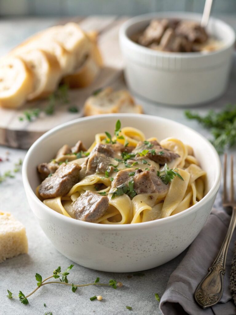 Featured image showing a delicious creamy beef stroganoff dish.