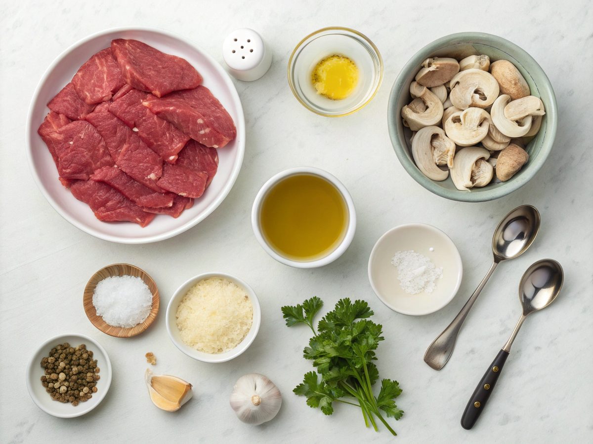 An overview of all the ingredients needed for the creamy beef stroganoff recipe.