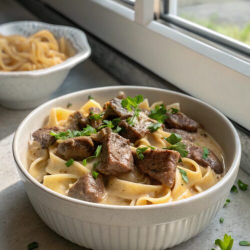 Delicious creamy beef stroganoff ribeye served to perfection.