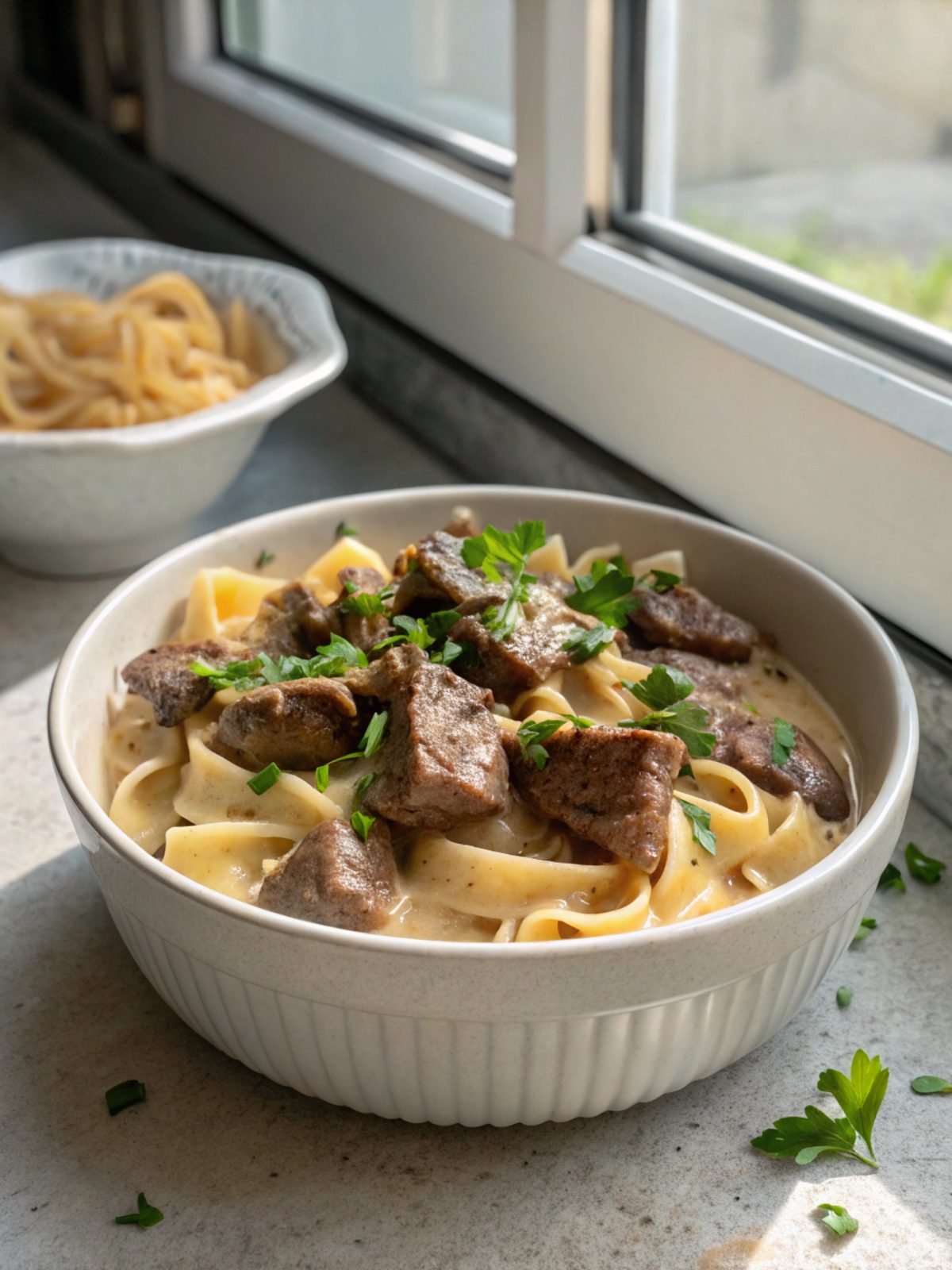 Delicious creamy beef stroganoff ribeye served to perfection.