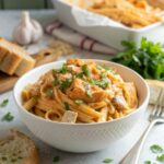 A delicious bowl of creamy buffalo chicken pasta with garnishing