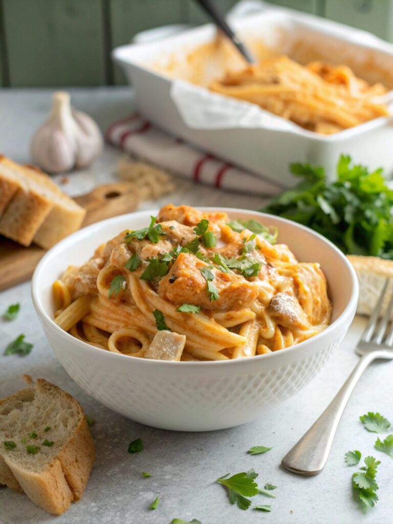 A delicious bowl of creamy buffalo chicken pasta with garnishing