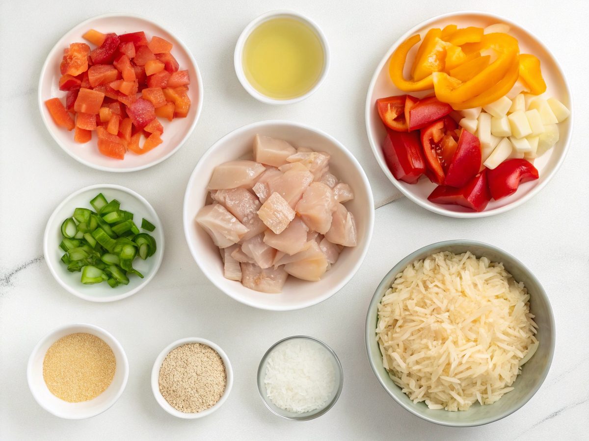 Ingredients for Creamy Cajun Chicken Rice displayed on a kitchen counter