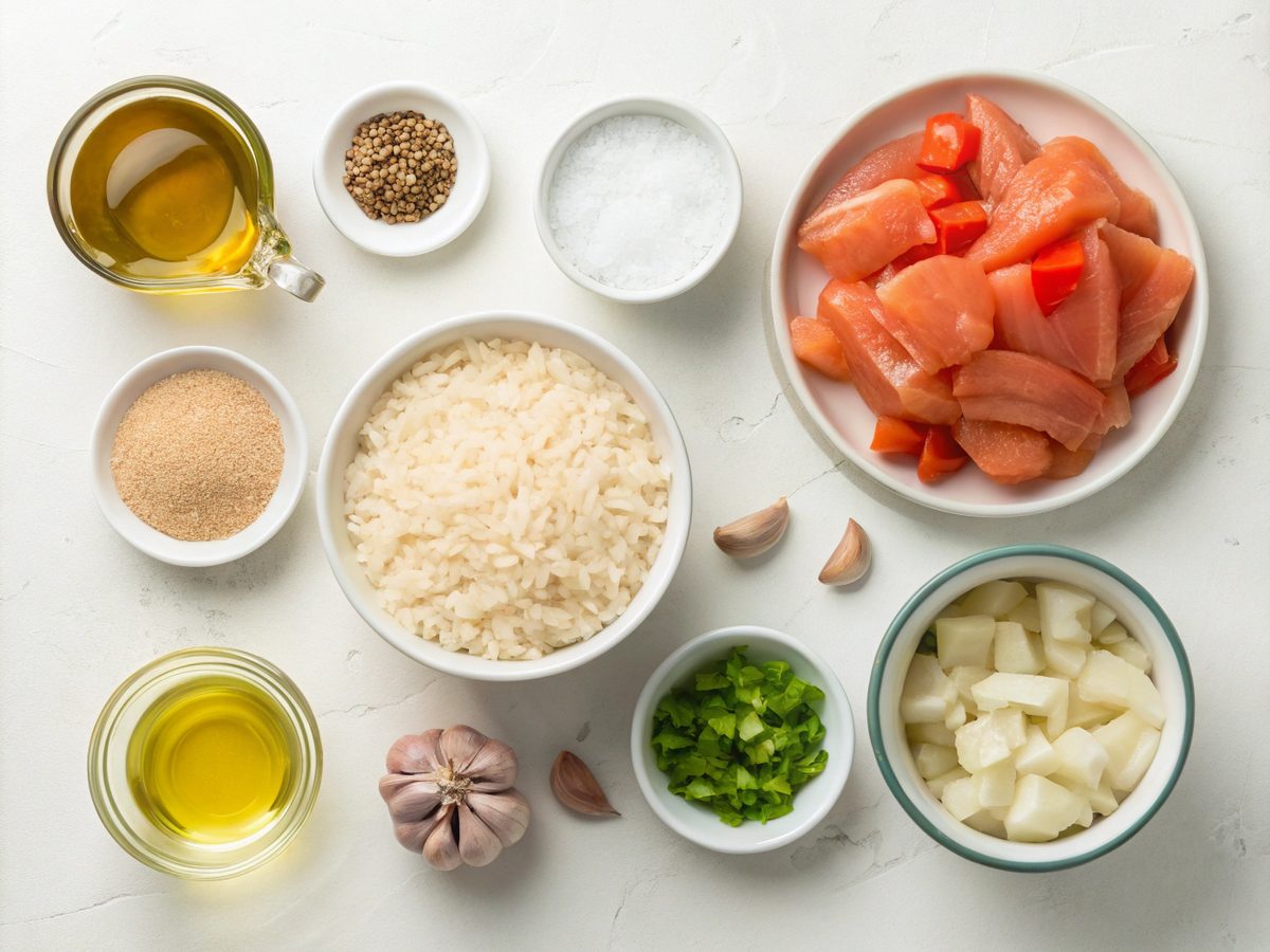 Ingredients for creamy cajun chicken rice laid out