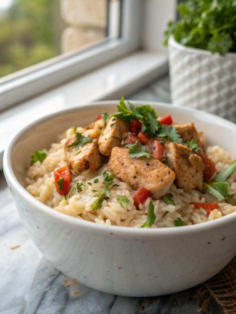 Delicious creamy Cajun chicken rice served in a bowl