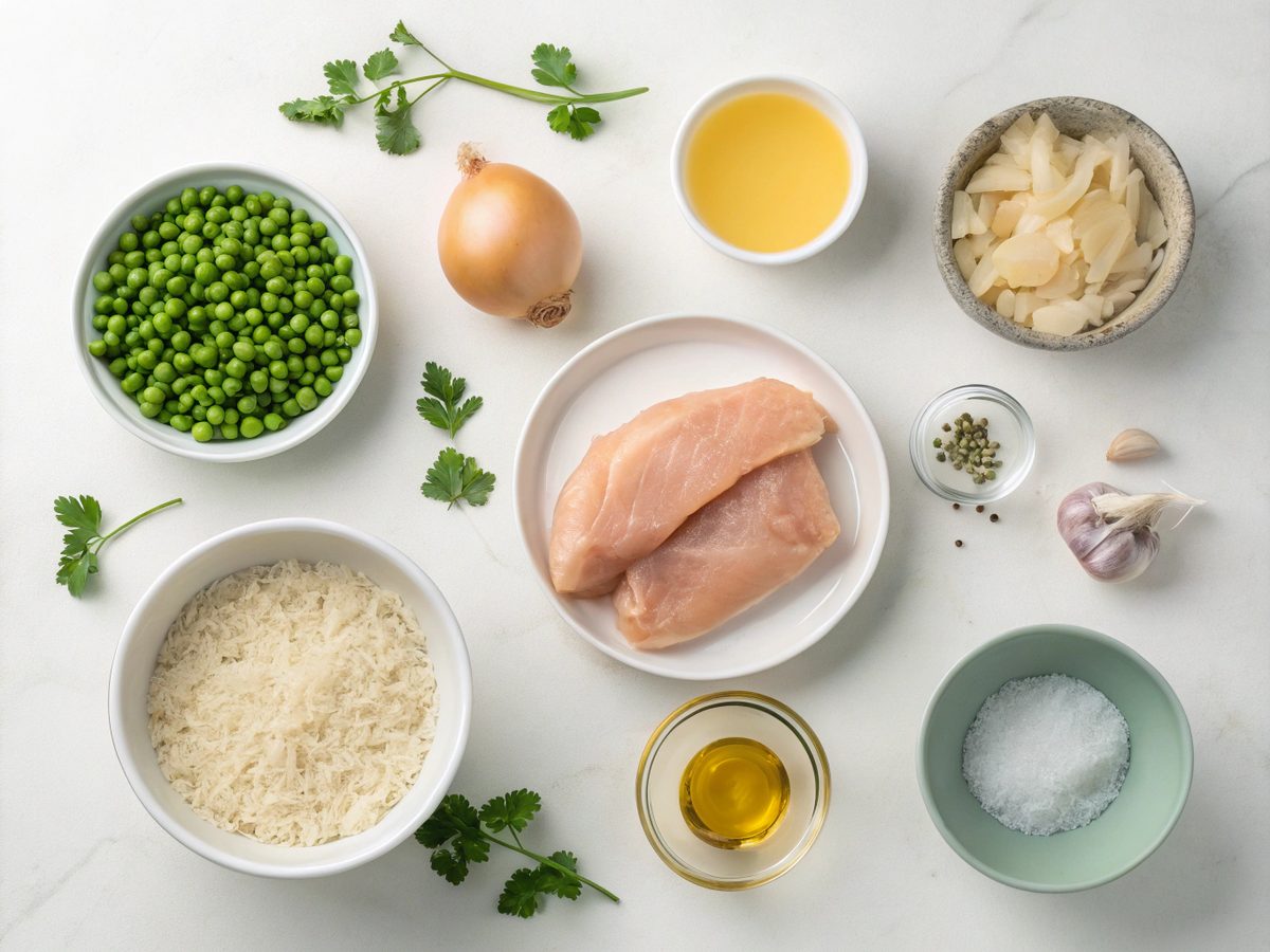 Ingredients for making creamy chicken and rice dish