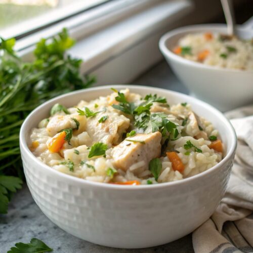 Creamy chicken and rice served in a white ceramic bowl